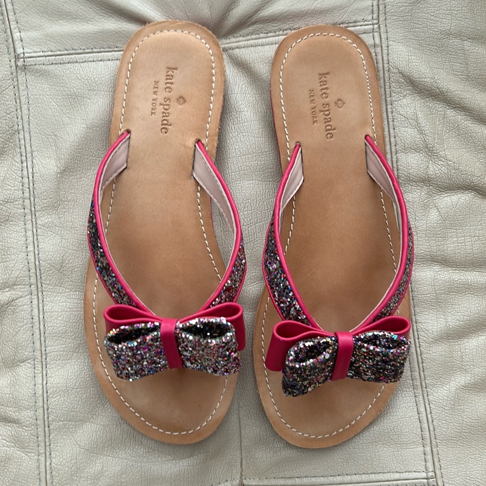 EUC Kate Spade Icarda Deep Pink Nappa Multi Color Glitter Bow Sandals. Size: 7.5